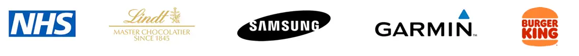 Corporate clients including NHS, Lindt, Samsung, Garmin and Burger King