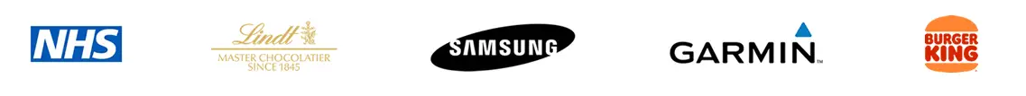 Corporate clients including NHS, Lindt, Samsung, Garmin and Burger King